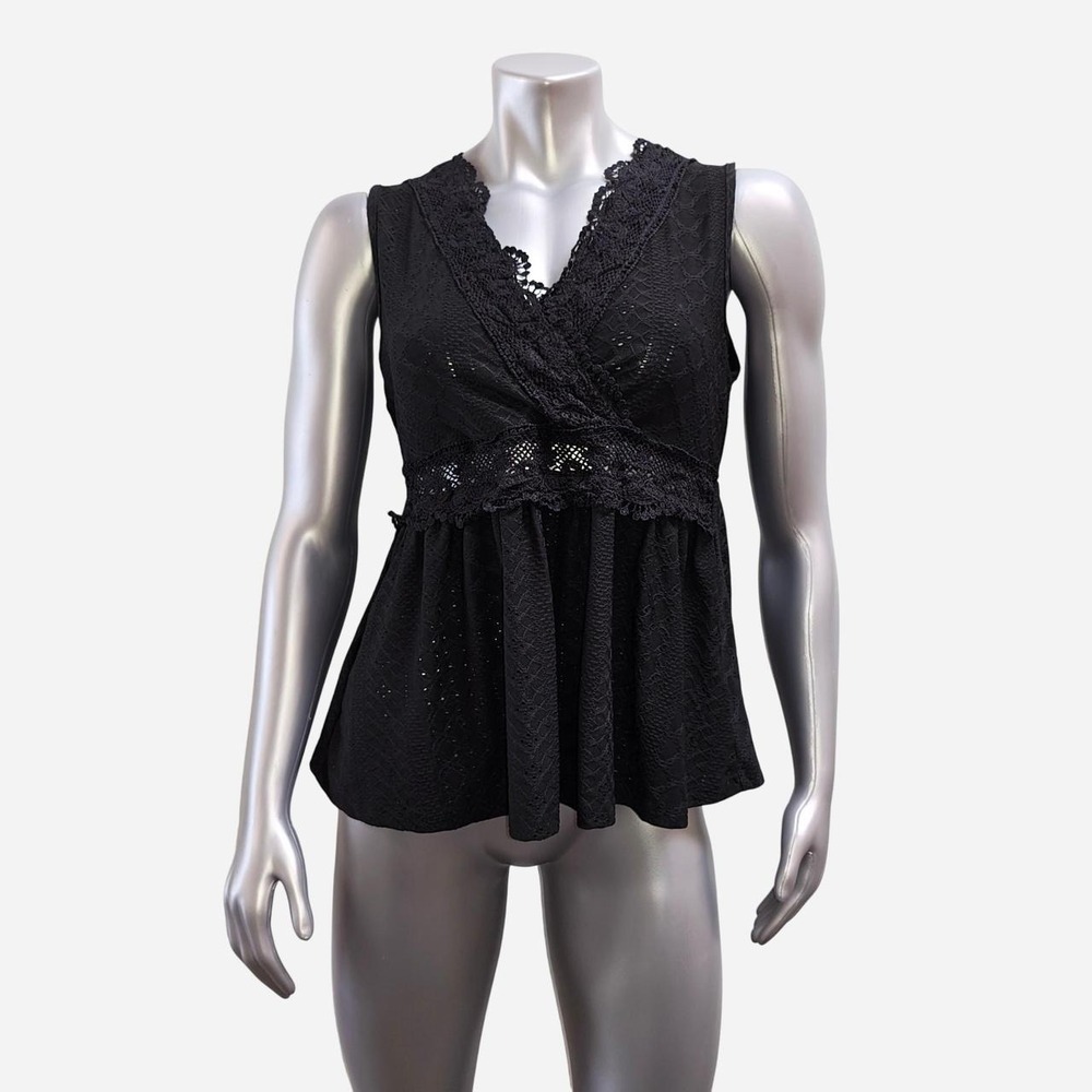 SHEIN Black Lace Trim Babydoll Tank Top Women L Polyester V-Neck Blouse Size L